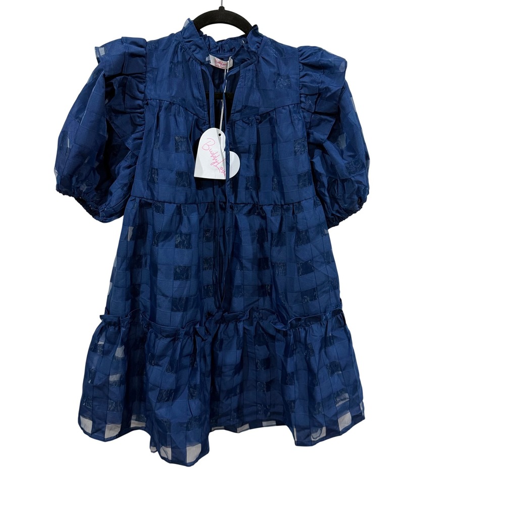 BuddyLove Navy Blue Tonal Checkered Tiered Babydoll Mini Dress NWT XS